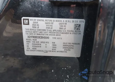 2012 Cadillac Srx Luxury Collection from USA, damaged, VIN 3GYFNDE33CS643049